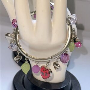 Purple, Green & Gold Tone Stretch Charm Bracelet with Ladybug‎ Charm